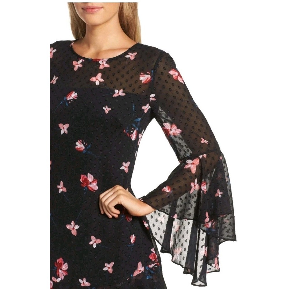 ELIZA J Ruffled Fit & Flare Floral Tiered Dress Textured Dot Overlay Blk.Size 14